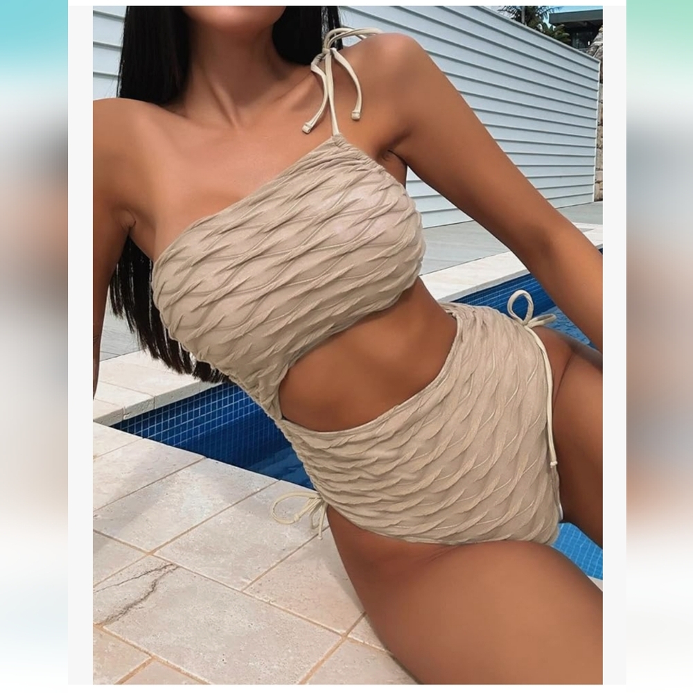 NWOT Khaki One Shoulder Woven One Piece Cut out with Ruching Swim Suit